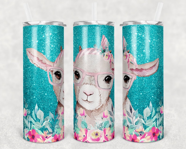 May include: Three turquoise glitter stainless steel tumblers with a floral design and a cute cartoon goat wearing pink glasses and a floral headband.