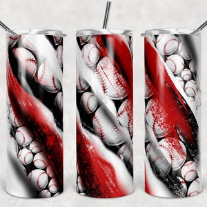 May include: Three stainless steel tumblers with a red, white, and black baseball design. The tumblers have a brushed finish and are perfect for keeping drinks cold or hot.