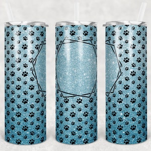 20 oz Skinny Tumbler Sublimation Light Blue Glitter Paw Dog Frame Add Text Personalize Template Straight Warped Digital Download PNG