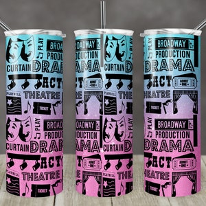 20 oz Skinny Tumbler Drama Ombre Pink Teal Drama Theatre Words Drama Sublimation Design Digital Download PNG Instant DIGITAL ONLY