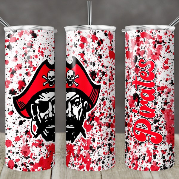 20 oz Skinny Tumbler Sublimation Design Template Red Black Power Wash Pirates School Logo Straight Design Digital Download PNG