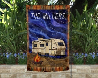 Garden Flag Happy Camper Trailer design Personalize by Adding your own Name Faux Quilted Sublimation Design Download PNG Instant DIGITAL