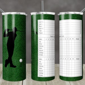 May include: A green glitter tumbler with a silhouette of a golfer and a golf ball. The tumbler has a scorecard on one side and a score log on the other side.