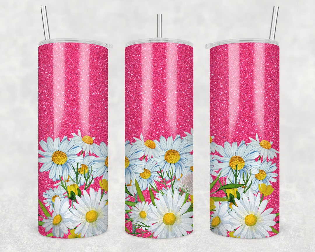 20 Oz Skinny Tumbler Floral Hot Pink Glitter Daisies Sublimation Design ...