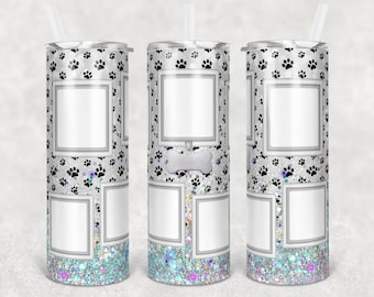 20 oz Skinny Tumbler Dog Picture Frame Blanco Holográfico Faux Glitter Tumbler fotos Sublimation Design PNG Instant DIGITAL ONLY