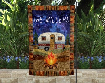 Garden Flag Happy Camper Trailer design Personalize by Adding your own Name Faux Quilted Sublimation Design Download PNG Instant DIGITAL