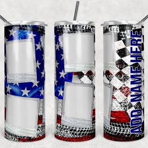 May include: Three stainless steel tumblers with a patriotic theme. The tumblers feature a checkered flag design with an American flag overlay. The tumblers have a white space for personalization. The text "ADD NAME HERE" is on the right tumbler.