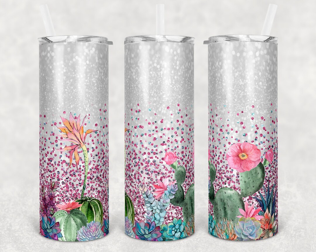 20 Oz Skinny Tumbler Sublimation Glitter Cactus and Succulent Straight ...