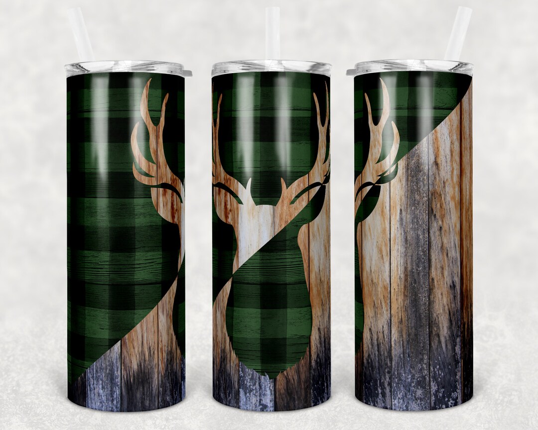 20 Oz Skinny Tumbler Sublimation Deer Green Plaid and Wood Design ...