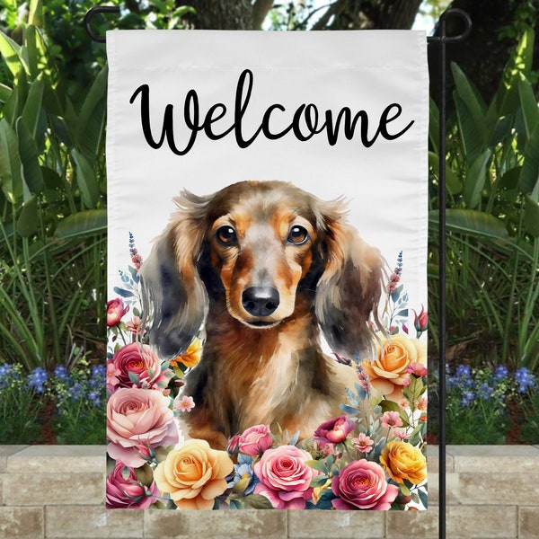 Floral Pitbull Dog Welcome Garden Flag PNG 12 x 18 Sublimation Flags Design Digital Download Instant DIGITAL ONLY longcoat dachshund