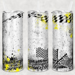20 oz Skinny Tumbler Sublimation Design Racing Race Yellow Splatter Checkered Tumbler Digital Download PNG Instant DIGITAL ONLY