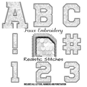 Alphabet Faux Embroidery White Sequin All Letters, Numbers and Punctuation Included Sublimation or DTF  Design Digital Download PNG