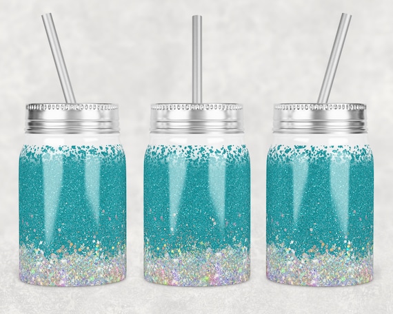 17 oz Mason Jar Tumbler Sublimation Design Template Holo Teal with and without MOM split monogram Mason Jar Design Digital Download PNG