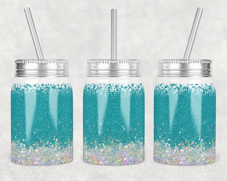 May include: Three teal and silver glitter mason jar tumblers with silver straws. The tumblers have a gradient of teal glitter fading to silver glitter.