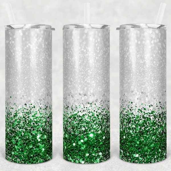 20 oz Skinny Tumbler Sublimation Design Glitter Confetti Green Silver Straight and Warped Design Digital Download PNG tumblers Tamara