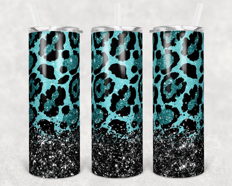 20 Oz Skinny Tumbler Sublimation Design Template Teal Leopard Glitter ...