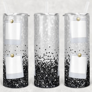 May include: Three silver and black glitter tumblers with a white photo frame design. Each tumbler has two photo frames with gold accents.