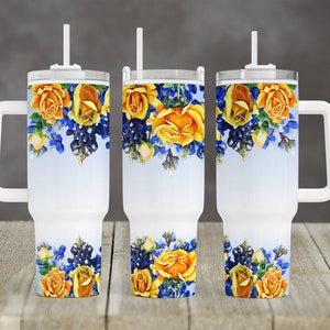 Gradient Floral Top Bottom Yellow Rose Blue Bonnet design 40 oz 2 piece Tumbler Sublimation Template Digital Download PNG Floral Flowers