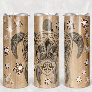 20 oz Skinny Tumbler Sublimation Design Template Hawaiian Turtle and Flowers Faux Wood Tiki Luau Digital Download PNG Instant DIGITAL ONLY