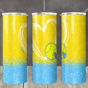 20 oz Skinny Tumbler Sublimation Design Template Softball Glitter Design Digital Download PNG Instant DIGITAL ONLY Blue Yellow