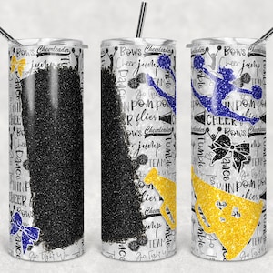 20 oz Skinny Tumbler Cheer Blank for Name Glitter Blue Yellow Sublimation Design  Digital Download PNG Instant DIGITAL ONLY