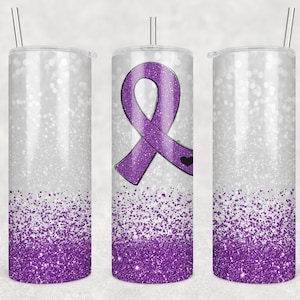 20 oz Skinny Tumbler Sublimation Glitter Purple Awareness Ribbon Cancer Lupus and More Straight Design Digital Download PNG tumblers Tamara