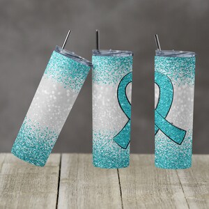 20 oz Skinny Tumbler Sublimation Glitter Teal Cancer Awareness Straight Design Digital Download PNG tumblers Tamara