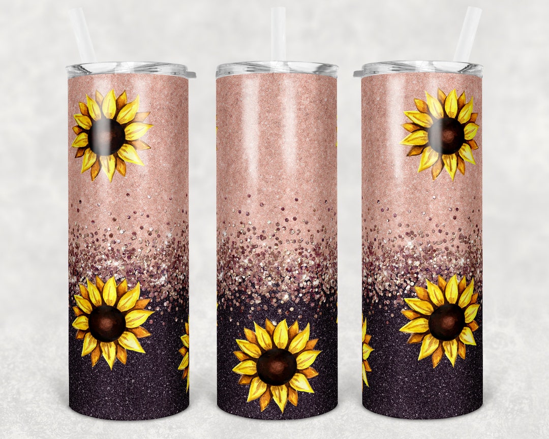 20 Oz Skinny Tumbler Sublimation Design Template Rose Gold Eggplant Sunflower Glitter Design