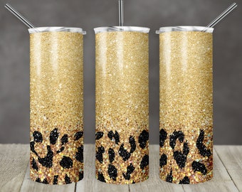 20 Oz Skinny Tumbler Sublimation Design Template Glitter Gold Leopard ...