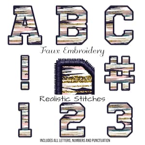 May include: A set of faux embroidery and realistic stitch alphabet letters, numbers, and punctuation marks. The letters are in a navy blue outline with a pink, gold, and white striped pattern. The numbers are in a navy blue outline with a blue, gold, and white striped pattern. The punctuation marks are in a navy blue outline with a pink, gold, and white striped pattern.