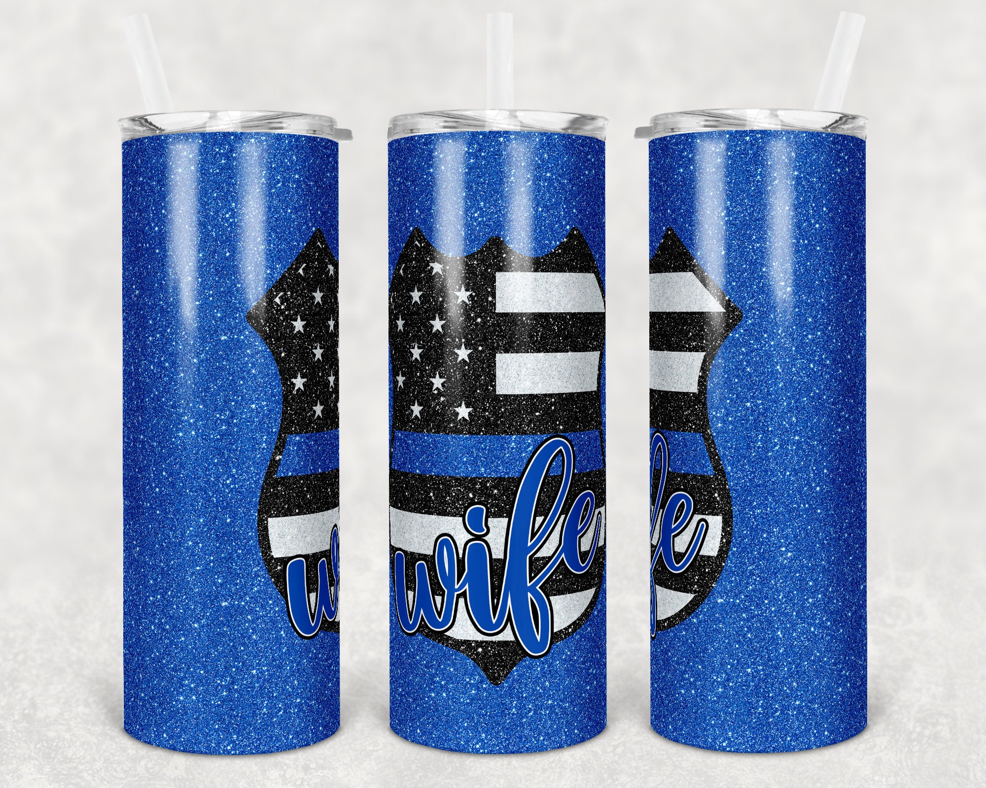 20 Oz Skinny Tumbler Sublimation Design Template Glitter Blue Police ...