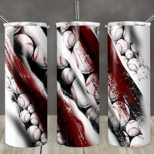 May include: Three stainless steel tumblers with a white background and a red and black abstract design. The tumblers are decorated with white baseballs.