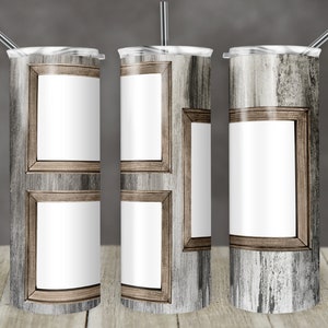 May include: Three stainless steel tumblers with a wood grain design and three rectangular frames. The frames are empty and ready for personalization.