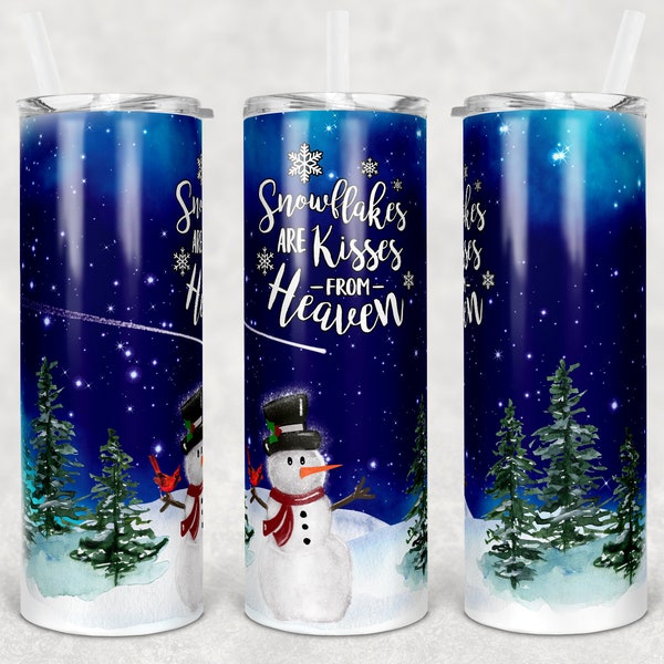 20 oz Skinny Tumbler Sublimation Holiday Snowman Snowflakes Kisses from Heaven Christmas Design Template Straight Digital Download PNG