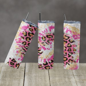 20 oz Skinny Tumbler TieDye Tie Dye Glitter Leopard Pink Sublimation Design Digital Download PNG Instant DIGITAL ONLY