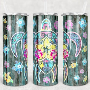 20 oz Skinny Tumbler Sublimation Design Template Hawaiian Turtle and Flowers Faux Wood Tiki Luau Digital Download PNG Instant DIGITAL ONLY