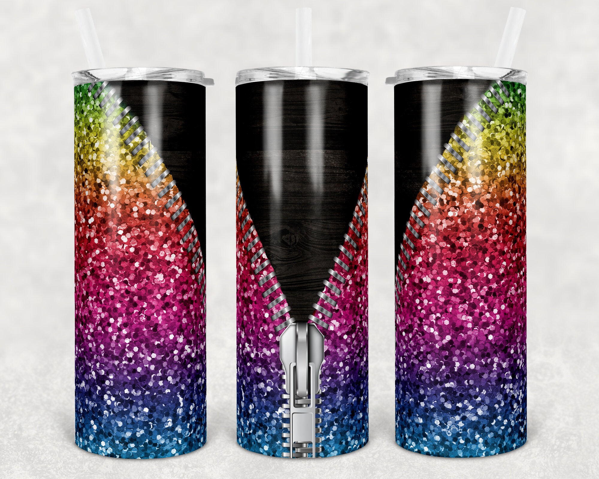 20 oz Skinny Tumbler Rainbow Glitter Faux Wood Zipper Etsy