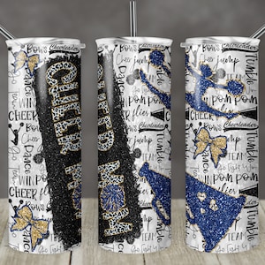 20 oz Skinny Tumbler Cheer Mom Blue Gold Glitter Leopard and Black Sublimation Design  Digital Download PNG Instant DIGITAL ONLY