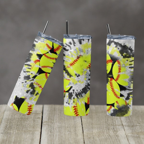 20 oz Skinny Tumbler TieDye Tie Dye Glitter Sports Softball Yellow Black Sublimation Design Digital Download PNG Instant DIGITAL ONLY