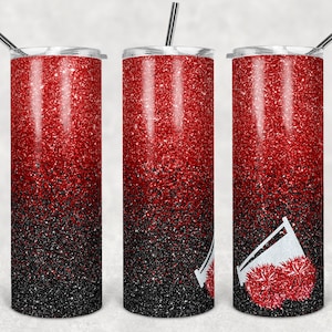 20 oz Skinny Tumbler Cheer Blank for Name Glitter red black megaphone pom poms Sublimation Design  Digital Download PNG DIGITAL ONLY