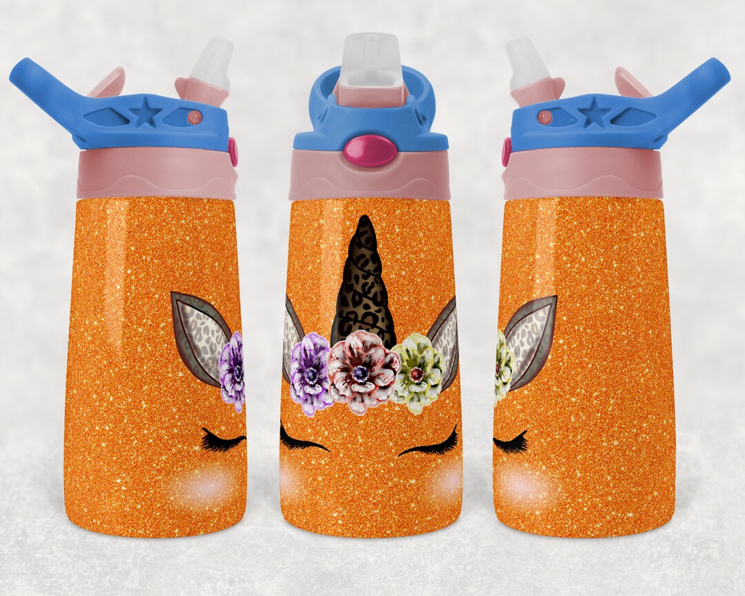 Kids Flip Top Water Bottles Sublimation Design Template Glitter Unicorn
