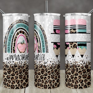 20 oz Skinny Tumbler Rainbow Leopard Glitter Principal Tumbler Pencil Monogram Teacher Life Sublimation Design PNG Instant DIGITAL ONLY