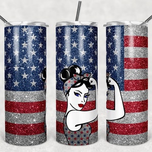 May include: A stainless steel tumbler with a glitter finish featuring an American flag design and a woman's silhouette with a raised fist. The woman is wearing a red, white, and blue bandana and a blue and white star patterned shirt.