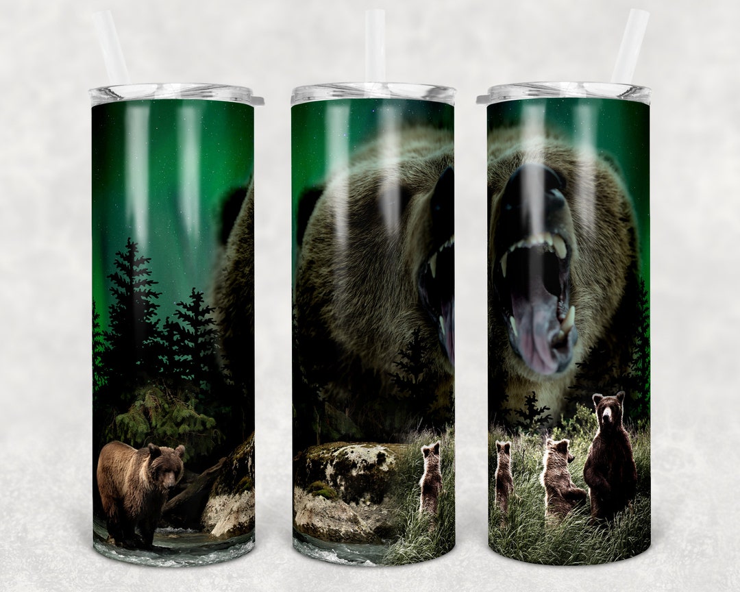 20 Oz Skinny Tumbler Sublimation Design Northern Lights Night Sky Bear ...