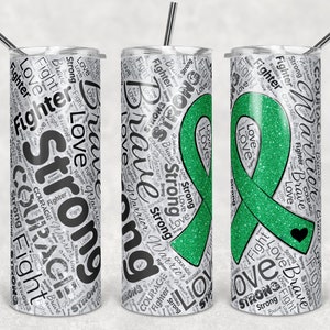 20 oz Skinny Tumbler Sublimation Glitter Awareness Ribbon Word Art Mental Health Green Straight Warped Design Digital Download PNG