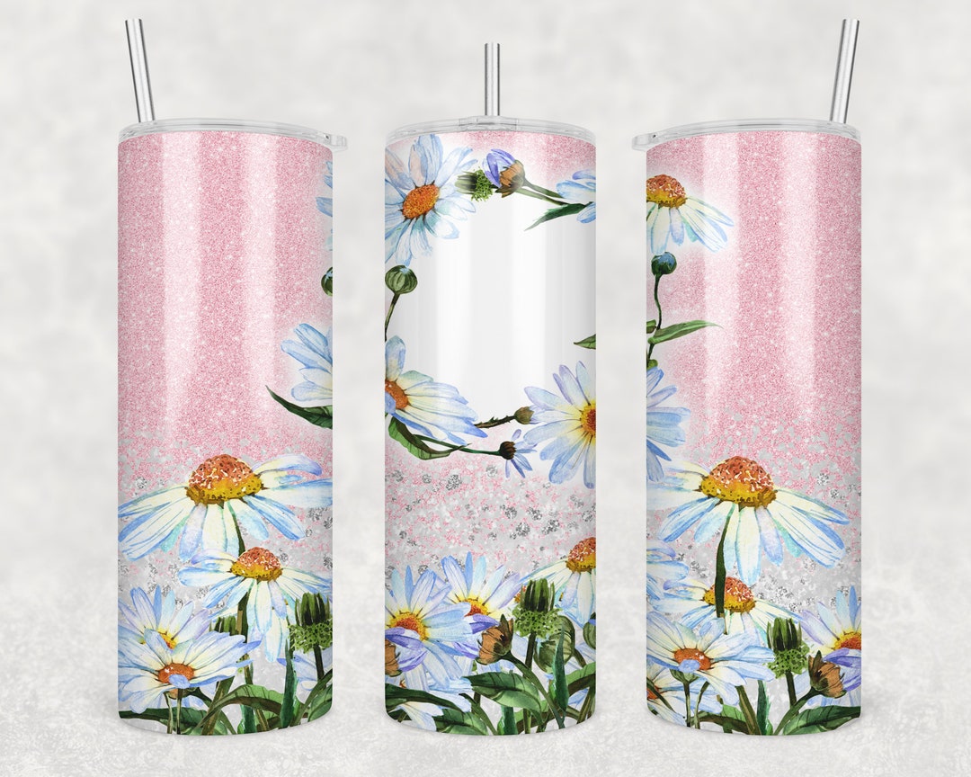 20 Oz Skinny Tumbler Floral Pink Glitter Daisies Blank Photo ...