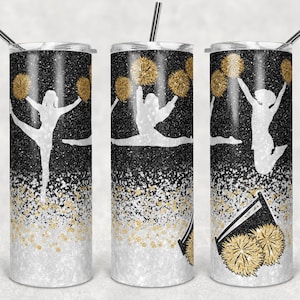 20 oz Skinny Tumbler Cheer Black and Gold Glitter Cheer Cheerleading Sublimation Design Digital Download PNG Instant DIGITAL ONLY