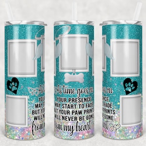 20 oz Skinny Tumbler Dog Memorial Picture Frame Teal Holographic Faux Glitter Tumbler photos Sublimation Design PNG Instant DIGITAL ONLY