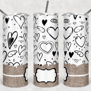 20 oz Skinny Tumbler Sublimação Preto Branco Corações Valentine Burlap Dog Personalize Template Straight Digital Download PNG rts Tamara