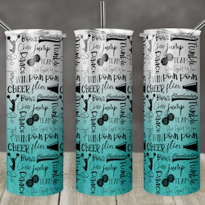 20 oz Skinny Tumbler Cheer Ombre Teal Gray Glitter Cheer Words Cheerleading Sublimation Design Digital Download PNG Instant DIGITAL ONLY